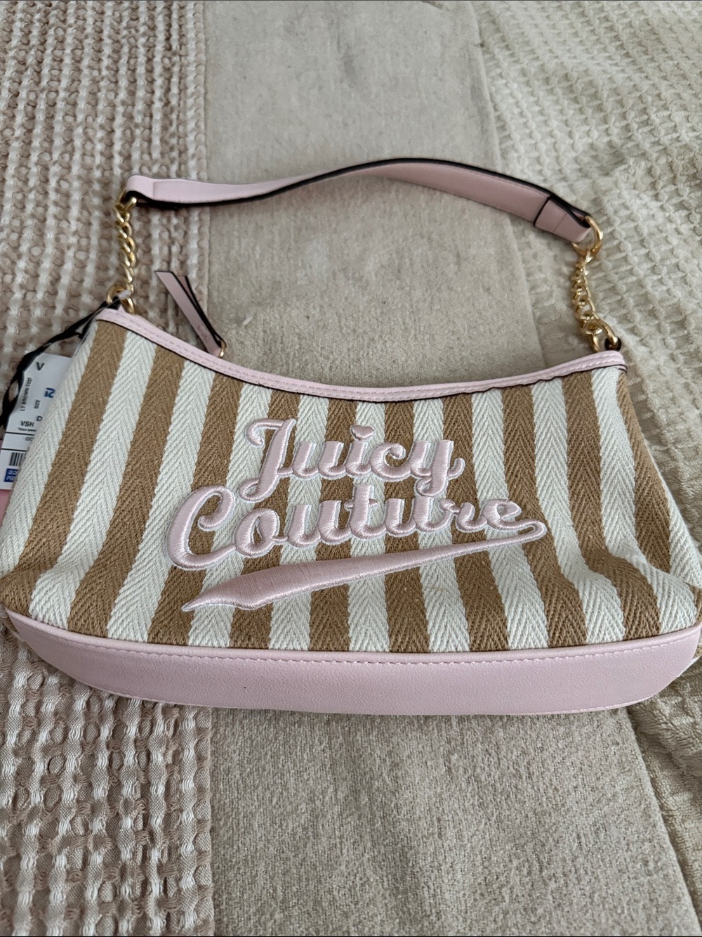 Juicy Couture Pink & Tan Striped Shoulder Bag with Gold Chain
